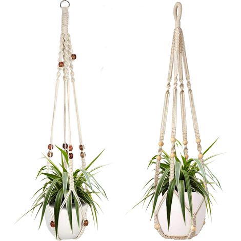 Deux paniers suspendus en corde de coton blanc pour plantes d'intérieur, de 85 cm chacun, ornés de perles en bois. Crochets non inclus. (1/5)