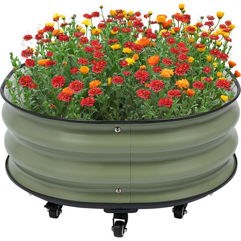 Jardinière surélevée Ronde en métal avec roues, 60x60x30 cm, bac à Plantes surélevé de Jardin d'extérieur, pour légumes, fleurs et herbes (vert) (1/5)