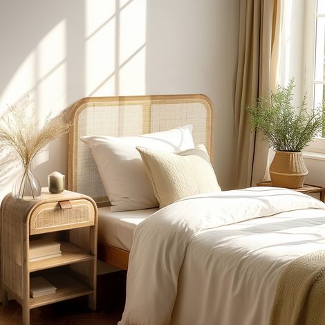 AMY - Tête de lit en bois de mindi et rotin naturel pour lits 80/90cm AMY