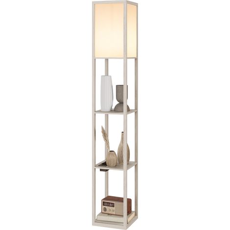 Stehlampe mit Ablagen, dimmbarem Licht, Fußschalter und USB-Anschlüssen, weiß und Eiche