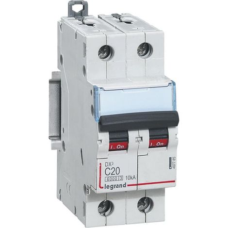 Disjoncteur DX³6000 10kA arrivée haute et départ bas à vis 2P 230V à 400V - 20A - courbe C - 2 modules - 407785 - LEGRAND