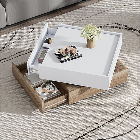 Tavolino da salotto 60x60x38 cm bianco e noce, piano 360°, 2 cassetti, pannelli in legno MEUBLIV (1/5)