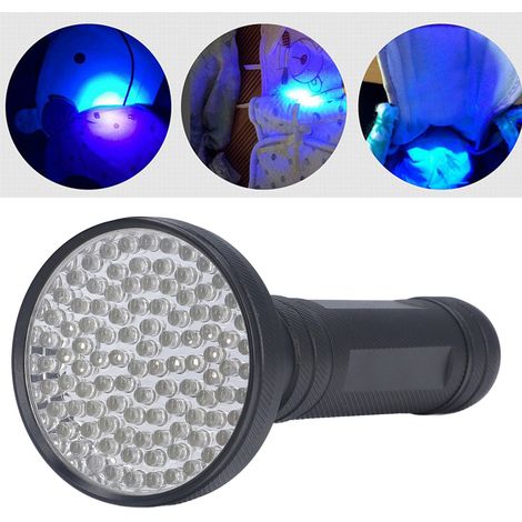 Lampe torche UV 100 LED pour la détection de scorpions. Cette lampe torche UV est idéale pour détecter les codes anti-contrefaçon, l'urine d'animaux, les agents fluorescents, pour la chasse aux scorpi (1/5)