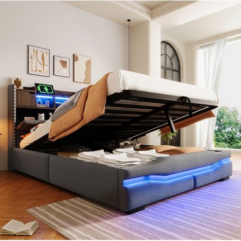 lit adulte rangement coffre 140x200 LED USB OKMYHOME (1/5)