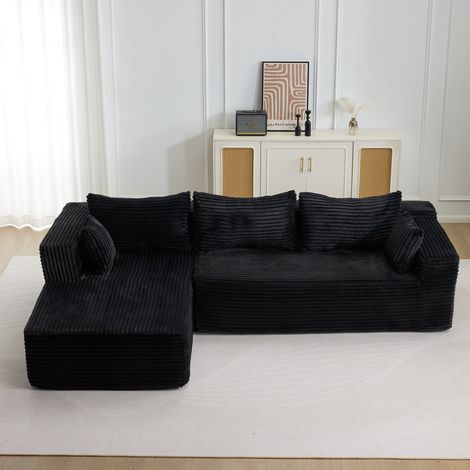 Ensemble de canapés modulaires en velours côtelé, ensemble de canapés en L sur pied, prêt à assembler, adapté aux salons, noir (1/5)