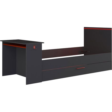 Vente-Unique – Lit gigogne gamer 90 x 200 cm avec bureau – LEDs rouges – Panneau de particule – Finition mélaminé – Éco-responsable (1/5)