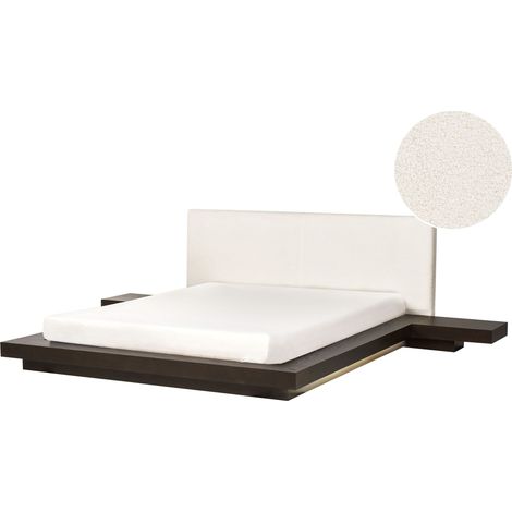 Lit Japonais avec LED Tête de Lit Bouclé et 2 Tables de Nuit 160 x 200 cm Bois de Frêne Foncé Zen (1/5)
