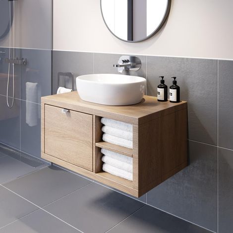 Bathroom Oak Wall Hung Vanity Unit and Basin Sink Cabinet Storage 800mm Right Hand Shelving Unit with 480mm Oval White Basin