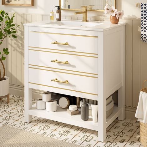Mueble de baño de 76 cm con lavabo de cerámica, 2 cajones + nicho, tirador de metal dorado, MDF lacado en blanco (1/5)