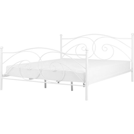 EU Double Size Panel Bed 4ft6 White Metal Frame Slatted Base Retro DINARD (1/5)