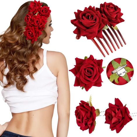 Un conjunto de 4 pinzas para el cabello con forma de rosa, horquillas con flores, broches de rosa, pinzas florales para el cabello y accesorios para el cabello de mujer con forma de rosa. (1/5)