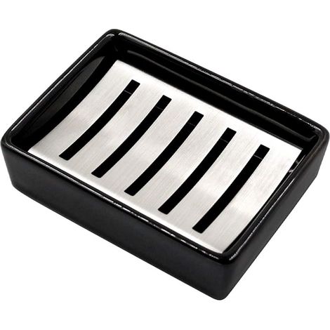 Ulable Porte-savon en céramique et acier inoxydable 304, double couche, auto-drainant, économiseur de savon durable, facile à nettoyer, pour salle de bain (noir) (1/5)