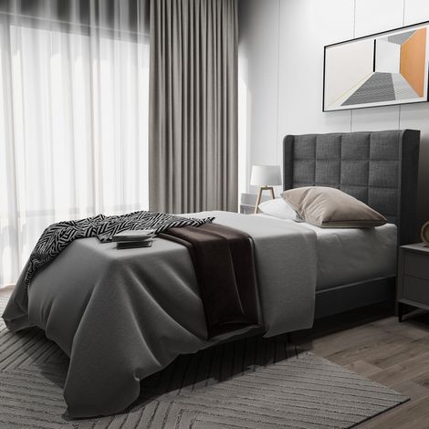 Redom – Lit simple capitonné 90x200cm en lin gris – Tête de lit haute – Sommier à lattes intégré – Charge max 150kg (1/5)