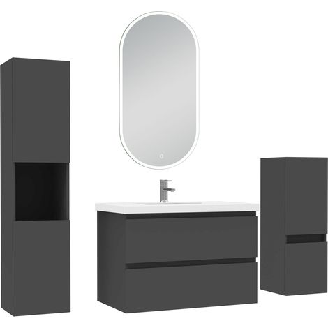 Ocean ensemble meubles Salle de Bain 80cm vasque + colonne + miroir lumineux Anthracite (1/5)