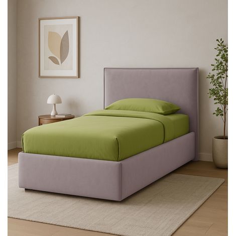letto singolo con contenitore e rete "zoom" rivestito in tessuto rosa 90x190 cm (1/4)