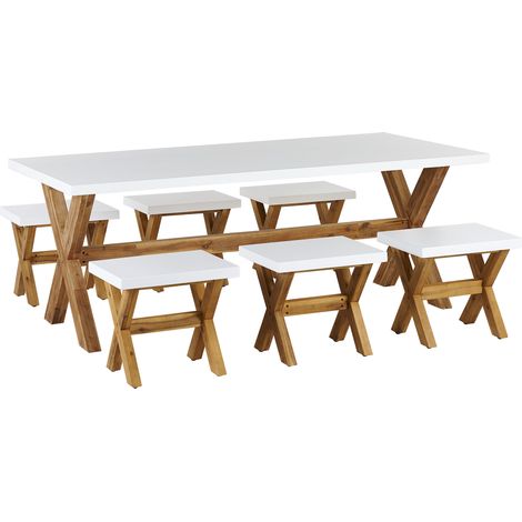 Comedor de jardín cemento y madera blanco 6 personas mesa y 6 taburetes Olbia