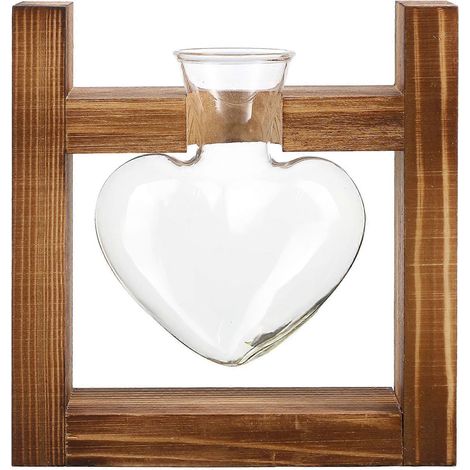 Vase en verre en forme de cœur pour culture hydroponique, pot de fleurs, avec support en bois (style rétro)-13.00X12.00X6.00CM