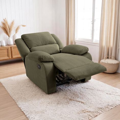 Loungitude – Fauteuil relaxation manuel LEO – Velours côtelé vert – Inclinaison réglable – Assise moelleuse – Fabrication européenne