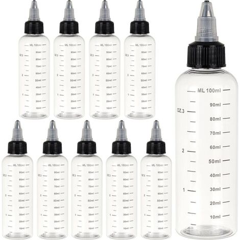 Flacons en plast de 100 ml (lot de 10) avec bouchon à vis noir pour liquides, encres, huiles, sauces et activités créatives, transparents (1/5)