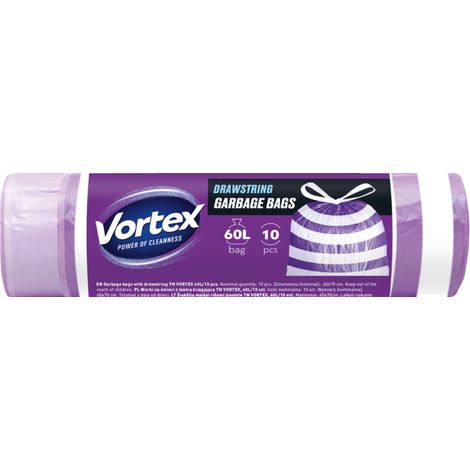 VORTEX Müllbeutel mit Zugband HDPE violett-weiß 60L/10Stk Müllbeutel