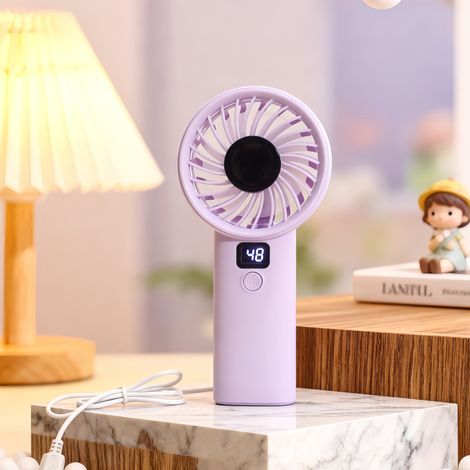 Tragbarer, wiederaufladbarer Ventilator, kleiner Handventilator mit digitalem LED-Display, stufenlos einstellbare Geschwindigkeit, niedliches Cartoon-Design, geräuschloser Kühlung für den Sommer (1/2)