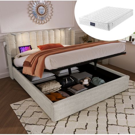 letto contenitore 140x200 con USB luce lettura beige OKMYHOME (1/5)