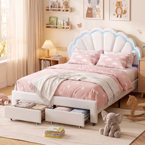 Cama con cajones 140x200 cm para niños y adolescentes con somier de láminas cabecero led en forma de pétalo moderno terciopelo blanco (1/5)