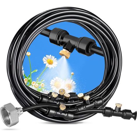 Système d'arrosage 8m conduite de brumisation + 7 buses en laiton + raccord laiton (3/4 pouce), kit de refroidissement par pulvérisation pour jardin, irrigation des plantes, brumisateur extérieur terr (1/5)