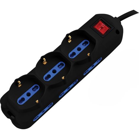 Multiprise Électrique 9 Prises: 6 Bipolaires 10/16A + 3 Schuko, Câble 1,5M, Fiche Coudée 16A 90°, Interrupteur Lumineux, Noir - Alc-Mp9-Bk (1/3)