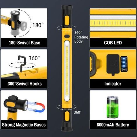 Lampe de chantier LED - - 3000 lumens - Rechargeable 5200 mAh - Magnétique avec crochets - Rotation 360° (1/5)