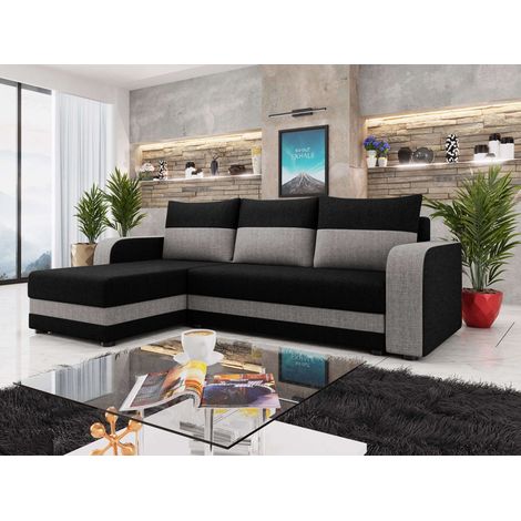 Bestmobilier – Canapé d'angle réversible 4 places convertible – Coffre de rangement – Tissu bicolore noir et gris – Dimensions 237x139x84 cm