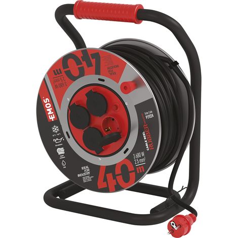 EMOS - Avvolgicavo 40 m in lamiera d'acciaio - 4 prese Schuko - impermeabile, resistente agli urti, all'olio e agli agenti atmosferici - 230 V, 16 A, 3680 W - isolamento in gomma - H07RN-F 2,5 mm2 (1/5)