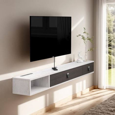Meuble TV Flottant,Meuble Suspendu,Meuble Mural Murale Étagère Flottante Console Multimédia Support de Télévision Top Box Câble Routeur Rangement (120cm, Grey-White) (1/5)
