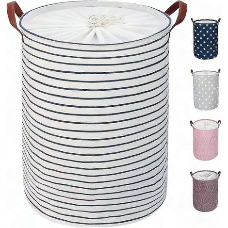 Panier à linge pliable 18 pouces avec couvercle, grand panier à vêtements à cordon, poignée en cuir, rayures bleues (1/5)