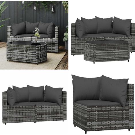 Salon de jardin 3 pcs avec coussins Gris Résine tressée - Canapé De Jardin - Mobilier De Jardin - Salon De Jardin - Set De Jardin - Table Basse - Home & Living (1/5)