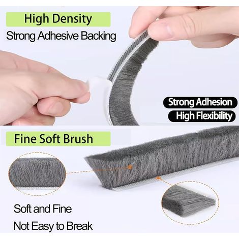 Bande d'étanchéité à brosse (5 mètres) Joint d'étanchéité pour portes et fenêtres auto-adhésif, imperméable, anti-collision, isolation phonique Gris 9 mm (L) x 5 mm (É) (1/4)