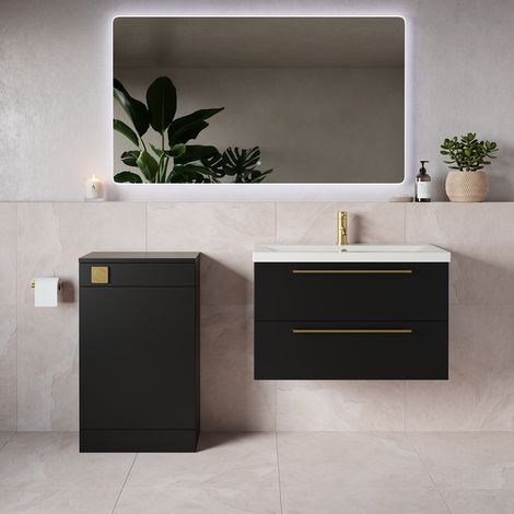 Napoli 390 Matt Black 1300mm Wall Mounted 2 Drawer Vanity Unit and Toilet Suite with Glide Basin - 1300mm - Brushed Brass 480mm HandleWithout Kingston Toilet Pan