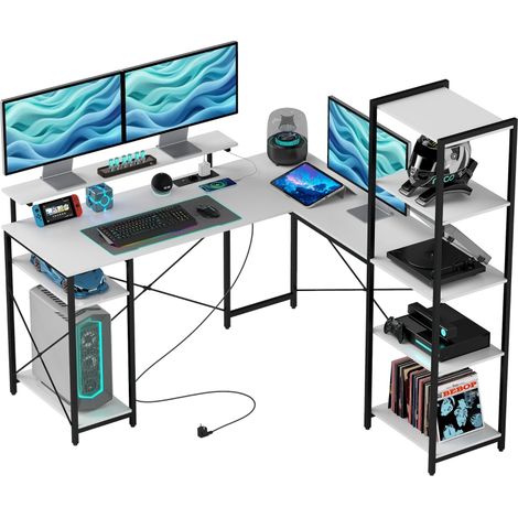 Bureau d'angle blanc et noir avec prises électriques et USB, étagère intégrée et support pour moniteur idéal pour bureau moderne (1/5)