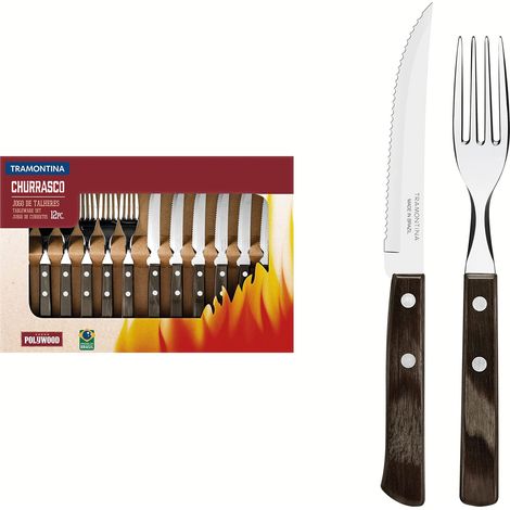 Coffret de 12 couverts à steak avec manches marron à 2 rivets (1/2)