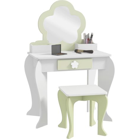 Kids Vanity Table with Mirror and Stool, Drawer, Storage Boxes, Flower Design, for Ages 3-6 Years - White