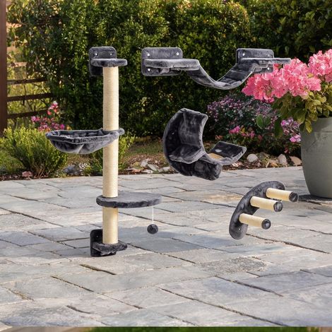 Mur d'escalade pour chat 4 pièces avec hamac et ponton 96 cm gris (1/5)