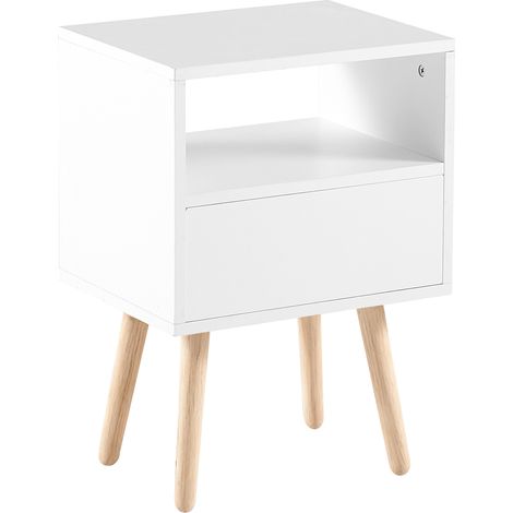 Table d'appoint en rotin avec tiroir et pieds en bois massif, chevet moderne blanc H55 x L40 x P30 cm (1/5)