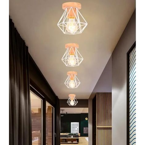 U-do 4pcs Plafonnier Vintage Lustre en Cage Industriel en Bois Métal Lampe de Plafonde Style Edison pour Salon Chambre (1/4)