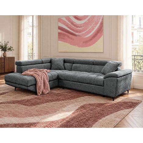 Camille - canapé d'angle gauche 5 places convertible avec têtières et coffre en velours texturé - gris anthracite (1/5)