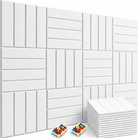 Lot de 12 panneaux acoustiques muraux autocollants en feutre blanc, 30 x 30 x 0,9 cm, panneaux décoratifs rainurés avec 35 punaises, réduction d’écho pour bureau, chambre et studio (1/5)