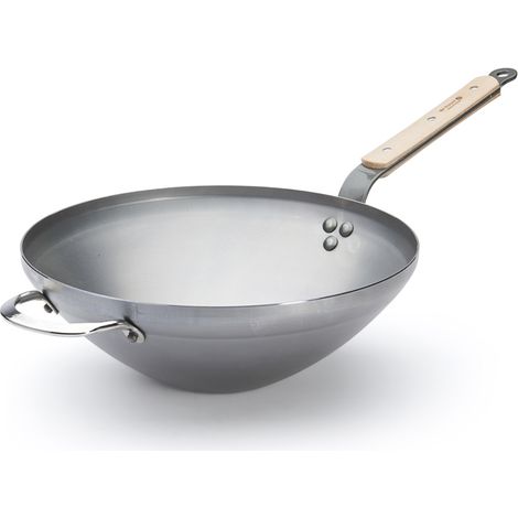 Wok induction 32 cm en acier queue fer et bois cirée origine France garantie