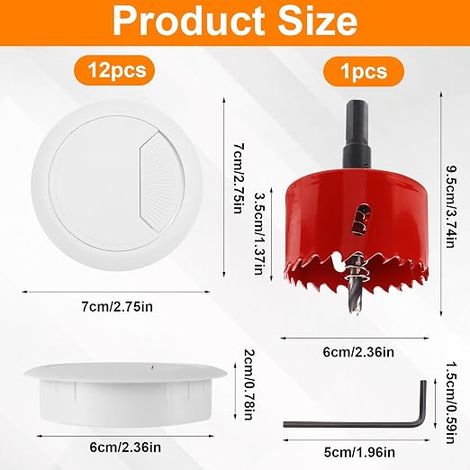 Desk Cable Tidy Plastic Cable Tidy with Hole Saw 60 mm Hole Saw Desk Grommet Cable Hole for Home and Office White (1/4)