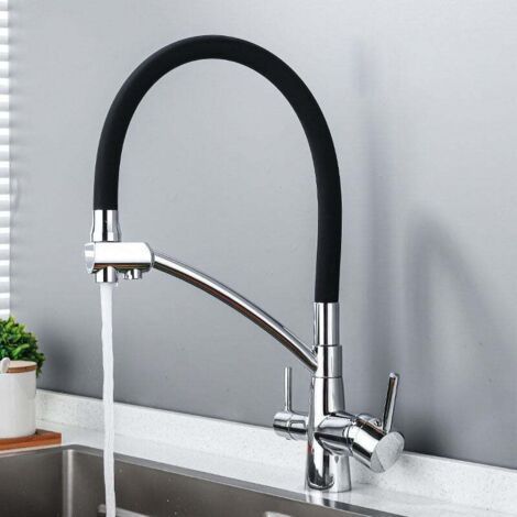 Grifo de cocina tres vías, grifo mezclador flexible, grifo de fregadero para agua potable ajustable 360° (doble manija), cuerpo de latón, recubrimiento plateado/negro (1/4)