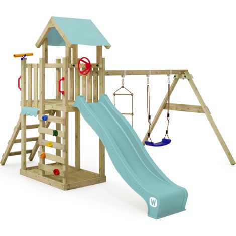 Parque infantil de madera Wickey MultiFlyer Light con Columpio y Tobogan para niños pequeños en azul cielo