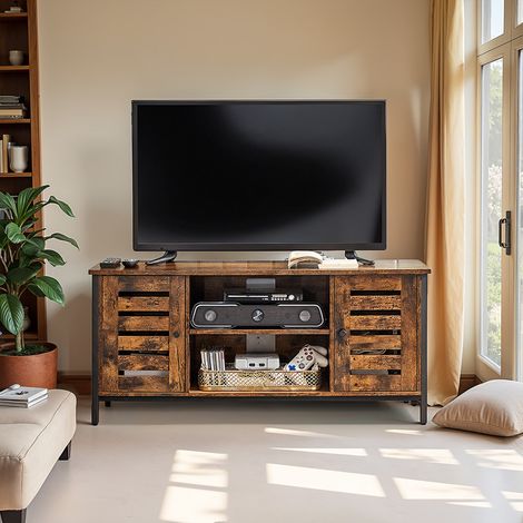Meuble TV Meuble TV avec étagères et placards de rangement, portes à lamelles, pour salon, salle de jeux, style industriel, Marron et noir (1/5)